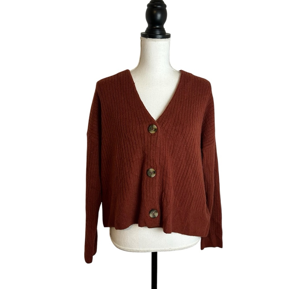 Madewell Rust Brown Ribbed V-Neck Button Cardigan